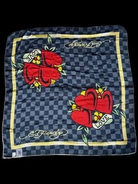 Ed Hardy Red Heart Love Silk Scarf - Navy Check